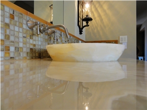 White Onyx Bathroom Countertop, Vessel Basin, Baja White Onyx Bathroom Countertop