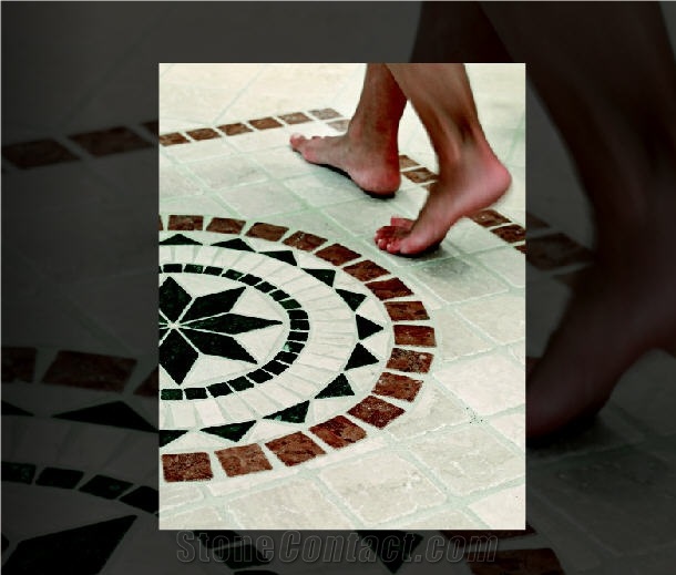 Antique Stone Floor Medallion, Perlato Europa Beige Limestone Floor Medallion