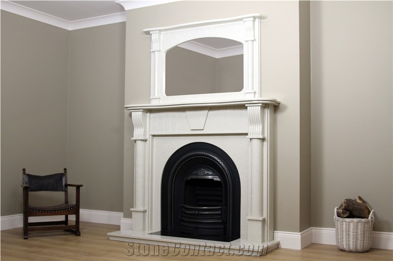 Ballinroe with Overmantle Fireplace, Purbeck Pond Freestone Beige Limestone Fireplace