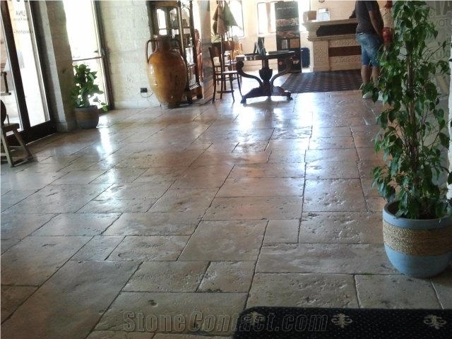 Antique French Limestone Floor Pattern Tiles, France Beige Limestone