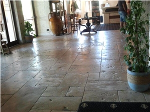 Antique French Limestone Floor Pattern Tiles, France Beige Limestone