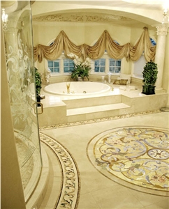 Luxury Bathroom with Portofino Medallion, Botticino Classico Beige Marble Bath Design