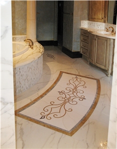 Luxury Bathroom with Portofino Medallion, Botticino Classico Beige Marble Bath Design