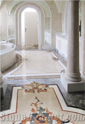 Luxury Bathroom with Portofino Medallion, Botticino Classico Beige Marble Bath Design