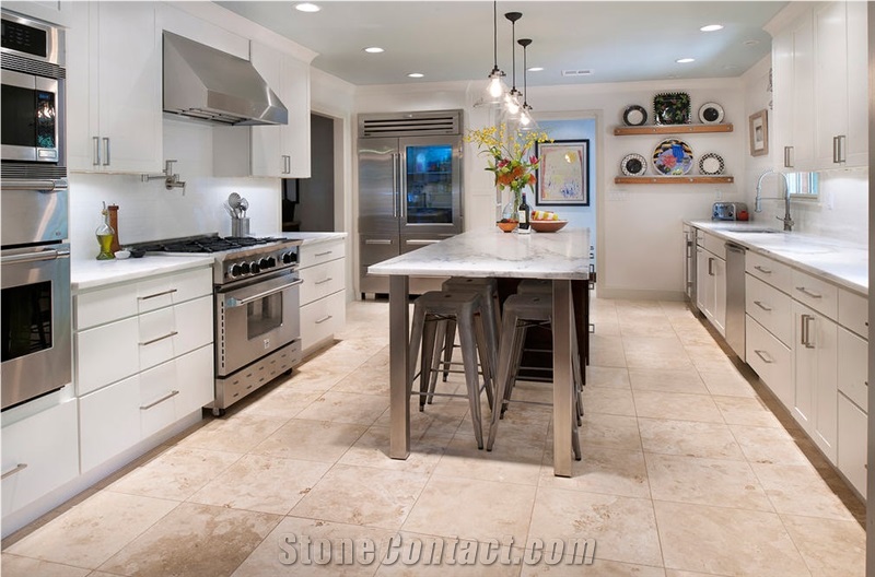 Cappucino Floor, Calacatta Macchia Oro Countertop, Cappucino Beige Marble Kitchen Design