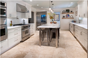 Cappucino Floor, Calacatta Macchia Oro Countertop, Cappucino Beige Marble Kitchen Design