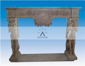 Doggy Statue Travertine Fireplace Mantel, China Yellow Travertine Fireplace Mantel