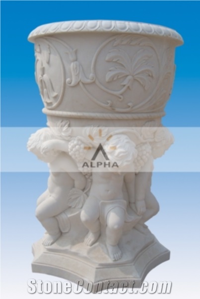 Hand Carved Marble Flowerpot, Beijing White Marble Pot