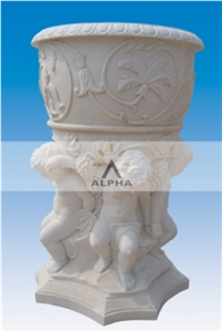 Hand Carved Marble Flowerpot, Beijing White Marble Pot