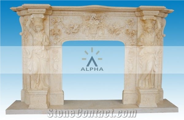 Natural Stone Statue Design Fireplace Surrounds, Egyptian Beige Marble Fireplace Surrounds
