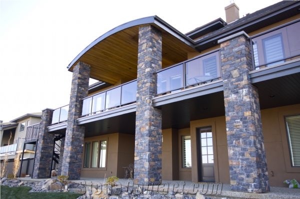 Black and Brown Rundle Stone Wall Cladding, Grey Quartzite Wall