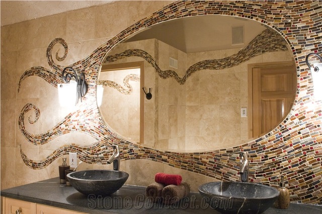 Bissonette Bathroom with Glass Mosaic, Travertine, Apollonia Beige Travertine Bath Design