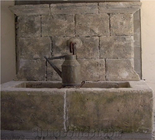 Reclaimed Stone Wall Fountain, Rocheret Gris Grey Limestone Wall Fountain