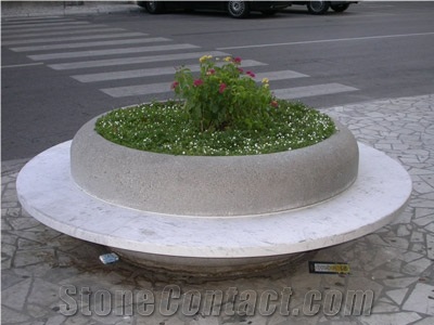 Bianco Carrara Marble Circular Benches and Planter, Bianco Carrara C White Marble Benches