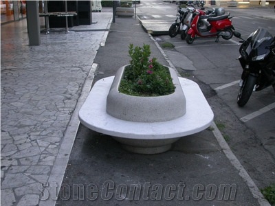 Bianco Carrara Marble Circular Benches and Planter, Bianco Carrara C White Marble Benches