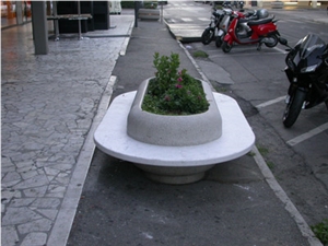 Bianco Carrara Marble Circular Benches and Planter, Bianco Carrara C White Marble Benches