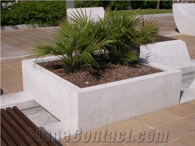 Bianco Carrara Marble Circular Benches and Planter, Bianco Carrara C White Marble Benches