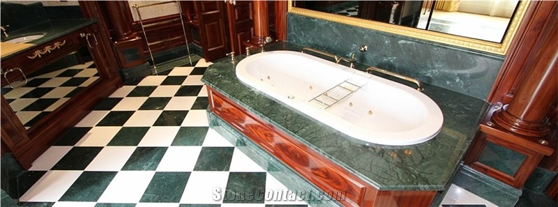 Savoy Hotel Bathroom Project, Verde Guatemala Green Marble Bath Design