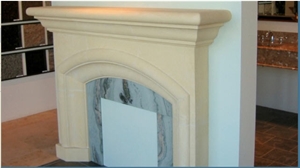 Carved Stone Fireplace, Crema Perla Beige Limestone Fireplace