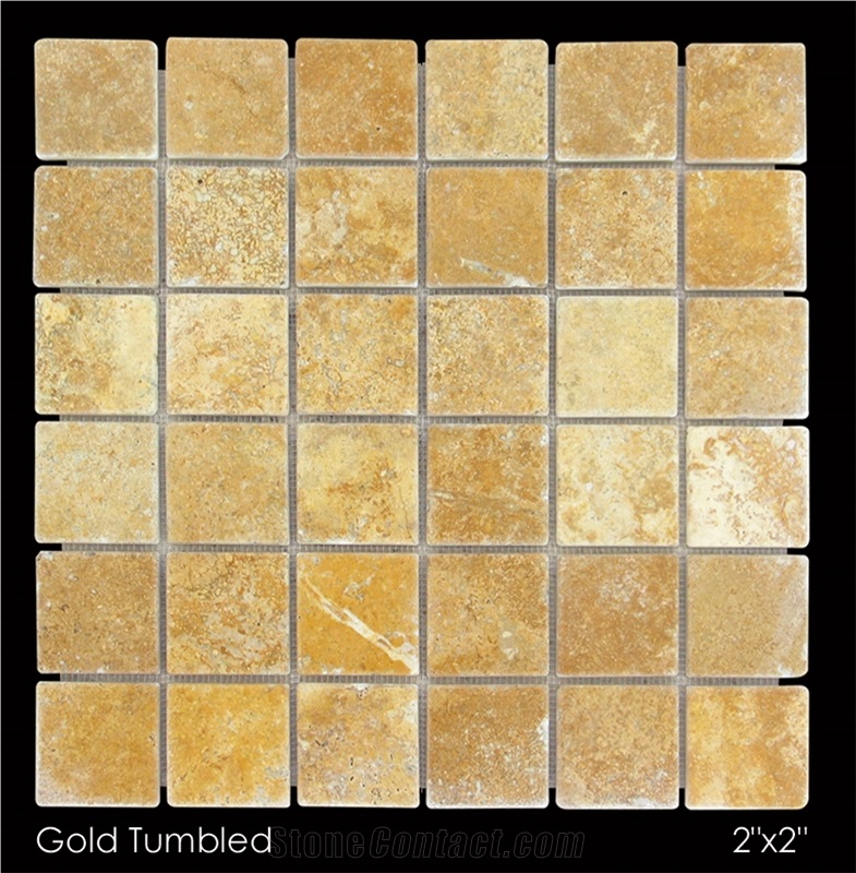 Gold Travertine Tumbled Mosaic, Salem Gold Yellow Travertine Tumbled Mosaic