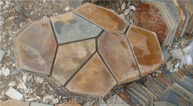 Compare Natural Yellow Mats Flooring Flagstone, Hebei Rust Slate Flagstone