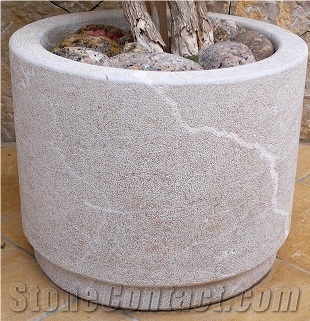 Garden Planters in Bush Hammmered Finishes, Gris Mallorca Beige Marble Planters