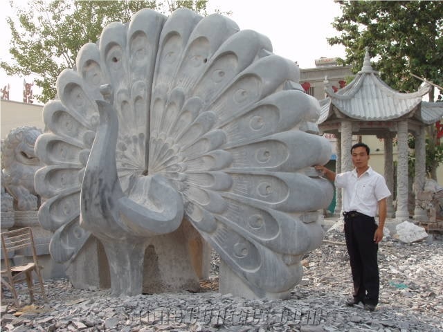 Blue Limestone Peacock Sculpture, Cock Statue