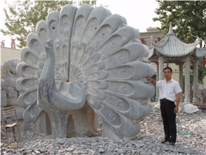 Blue Limestone Peacock Sculpture, Cock Statue
