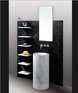 Bianco Venato Gioia Marble Pedestal Wash Basin, Black Pearly Marble Backsplah Sink Bianco Venato Gioia Marble Pedestal Wash Basin, Black Pearly Marble Backsplah Sink