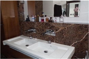 Beige Serpiente Marble Bathroom Design