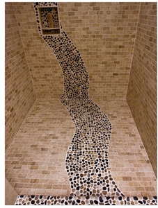 Light Emperador Marble and Pebble Stone Mosaic, Shower Design