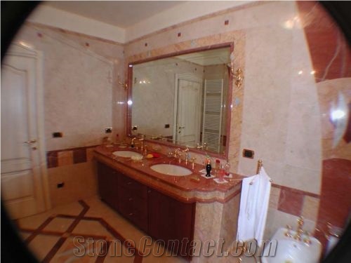 Mirror Frame in Rosso Alicante Marble and Crema Valencia Marble and Vanity Top