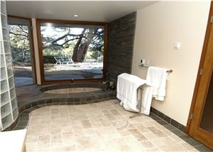 Malibu Tumbled Travertine Ashlar Pattern with Bluestone Border
