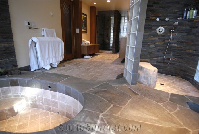 Malibu Tumbled Travertine Ashlar Pattern with Bluestone Border