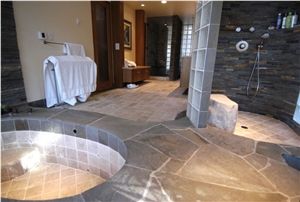 Malibu Tumbled Travertine Ashlar Pattern with Bluestone Border