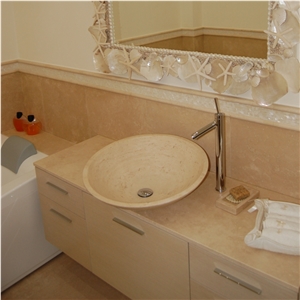 Travertino Classico Brushed Bathroom Design, Solid Washbasin