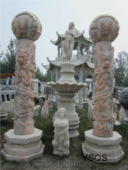 Custom Outdoor Ornamental Hand Carving Stone Columns, Red Marble Columns