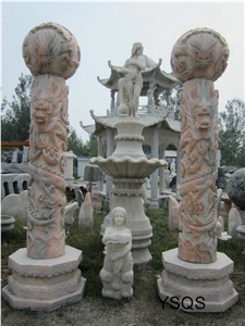 Custom Outdoor Ornamental Hand Carving Stone Columns, Red Marble Columns