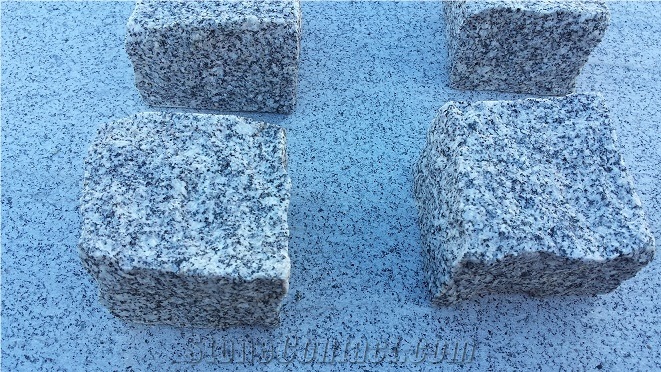 Grey Quintana Cube Stone, Top Face Bush Hammered and Other Faces Rustic, Gris Quintana Granite Cube Stone
