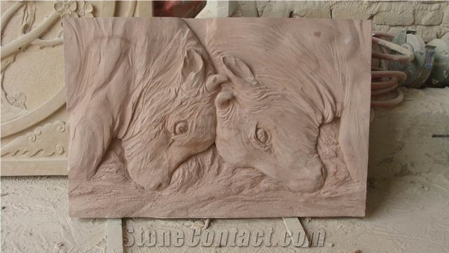 Beau Grey Sandstone Garden Relief Sculptures, Landscape Relief