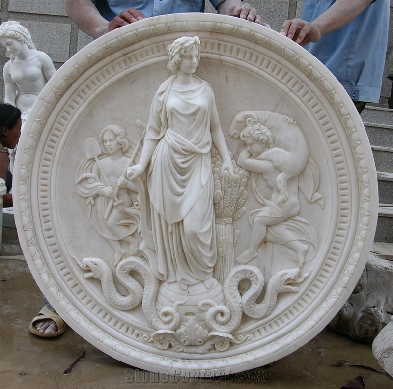 Round Natural Pure White Marble Goddess Relief Sculpture Wall Decoration
