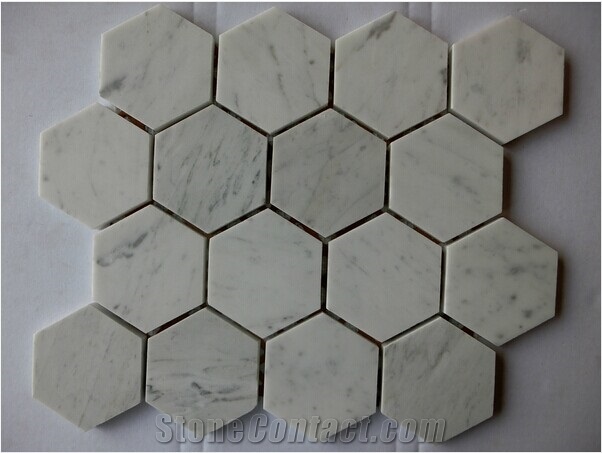 Bianco Carrera White Marble Hexagon Mosaic Tile Honed