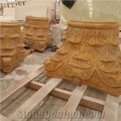 Wellest Golden Emperador Marble Solid & Hollow Configuration Antique Roman Columns Cap, Greek Columns Top