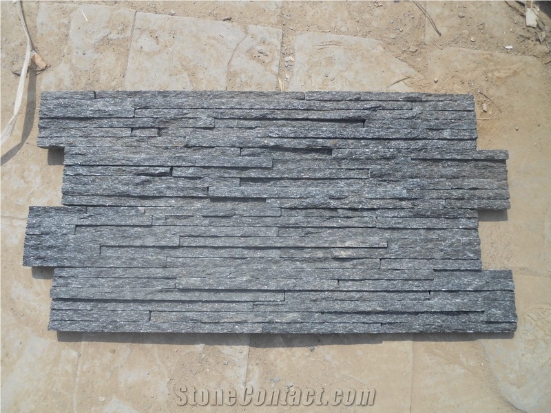 Black Quartzite Drain Board Wall Cladding, Black Cultured Stone Wall Tiles, China Wall Veneers
