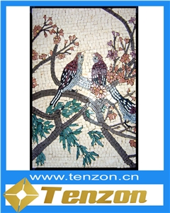 Chinese Paiting Pair Of Lovebirds Mosaic Arts, Amazonia Brown Marble Mosaic