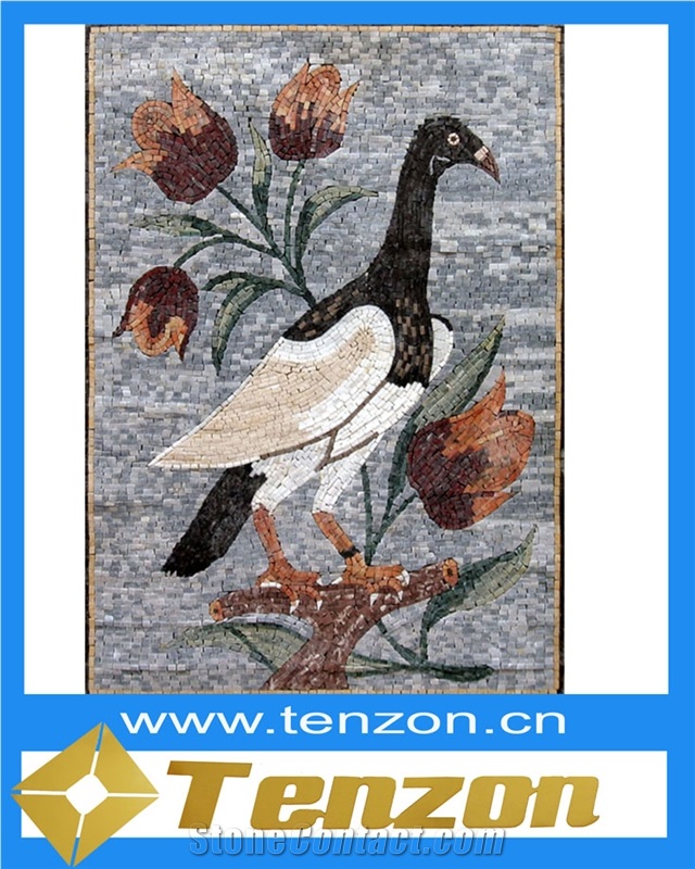 Red White Black Bird Painting Mosaic Arts, Ariston White Marble Mosaic