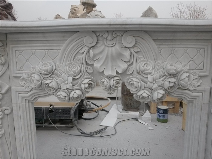 White Marble Fireplace Mantel,Modern Fireplace Mantel,Flower Handcarved Stone Fireplace Mantel