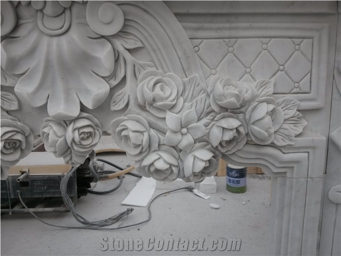 White Marble Fireplace Mantel,Modern Fireplace Mantel,Flower Handcarved Stone Fireplace Mantel