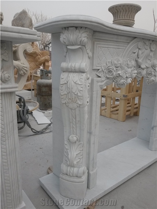 White Marble Fireplace Mantel,Modern Fireplace Mantel,Flower Handcarved Stone Fireplace Mantel