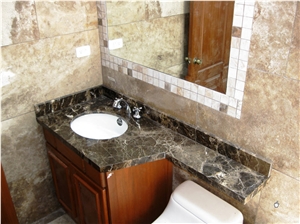 Marron Emperador Marble Bath Top, Madeira Travertine Wall